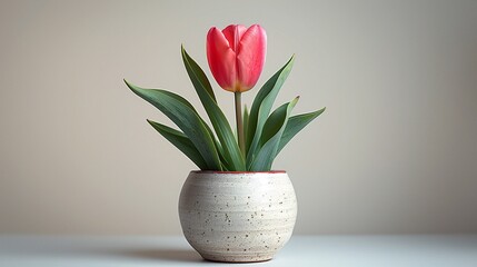 2. A minimalist image with a white background featuring a single pink tulip in a white ceramic pot, positioned in the center