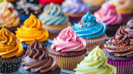 Delicious food. A variety of colorful cupcakes background. An assortment of delicious cupcakes arranged on a platter. 