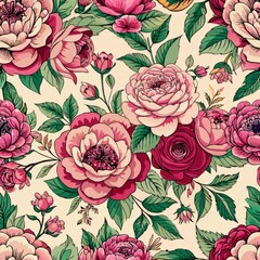  seamless pattern of vintage roses and peonies, with a nostalgic and timeless appeal, Generative AI