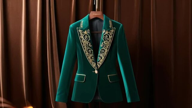 a gorgeous velvet blazer with a fitted silhouette and a sophisticated color, on a hanger.