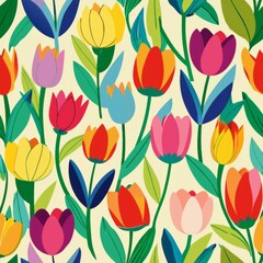 seamless pattern of whimsical tulips in a variety of colors, for a lively and cheerful pattern, Generative AI