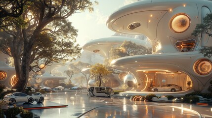 Futuristic Cityscape With White Cars and Trees