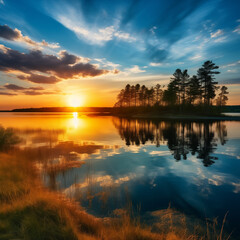 Obraz premium Tranquil Sunset Landscape with Reflection in Lake Tranquil Sunset on Calm Beach with Beautiful Nature Surroundings sunrise over lake sunset at sea embracing a spectrum of sunrise hues 