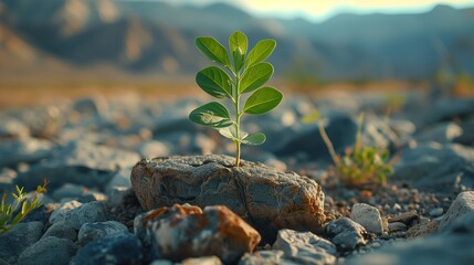 A Small Plant Thriving in a Rocky Desert Environment: Symbol of Survival and Resilience