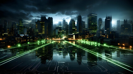 Fototapeta premium Futuristic Cityscape Illustration with Green Lines and Reflections