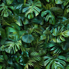 IA generativa cria padrão de folhas verdes em mosaico, sem emendas, com diferentes tonalidades e texturas, criando um fundo natural e detalhado.