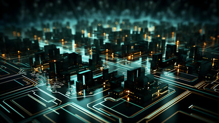Obraz premium Futuristic Cityscape on Circuit Board 3D Illustration