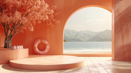 Minimalist Summer Beach Scene with Podium.