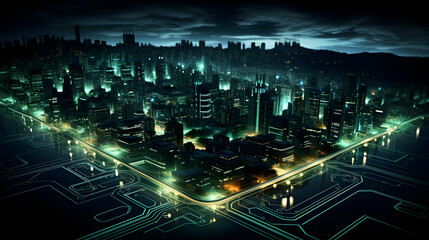 Fototapeta premium Cyberpunk Cityscape Illustration - Futuristic City with Neon Lights