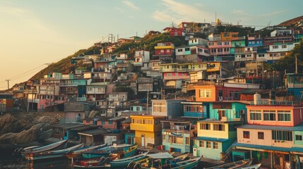 A colorful row of houses with a blue house in the middle