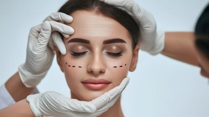 Fototapeta premium Smiling woman with plastic surgery marks and white gloves on her face, light background 