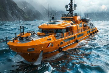 Orange Rescue Boat Navigating Rough Seas Near Rocky Coast