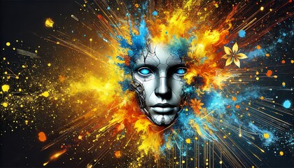 A vibrant and dynamic digital artwork featuring a humanoid robot's face with abstract paint splashes emanating from it