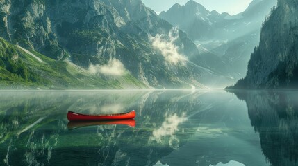 A red canoe sits in a lake surrounded by mountains
