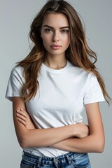 Obraz premium White tshirt mockup on woman model created with Generative AI