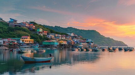 Fototapeta premium A beautiful sunset over a small town with many colorful houses and boats