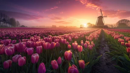 Gordijnen A field of pink tulips with a windmill in the background © PhotoStudioWizard