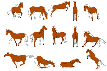 Obraz premium Different Poses of Horses Icons Vector Illustration