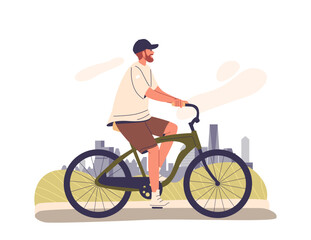 Fototapeta premium Carefree Man Riding A Bicycle In An Urban Park Setting On A Sunny Day. Male Character Appears Relaxed And Enjoying