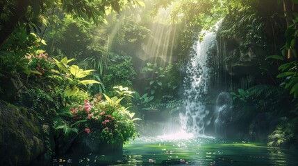 A waterfall is surrounded by lush green trees and flowers
