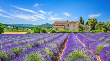 A beautiful field of lavender with a house in the background