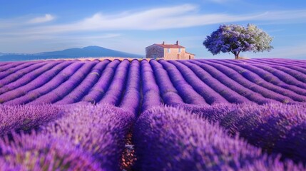 A field of lavender with a house in the background