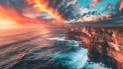 Fototapeta premium A beautiful sunset over the ocean with a large wave crashing against the rocks