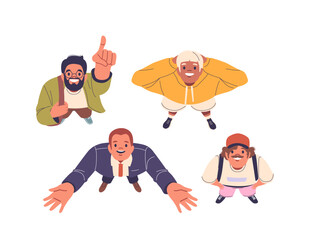 Four Cartoon Male Characters Looking Up With Expressions Of Joy And Excitement, Showing Positive Emotions