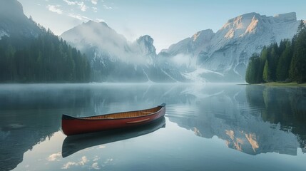 A red canoe sits in a lake surrounded by mountains