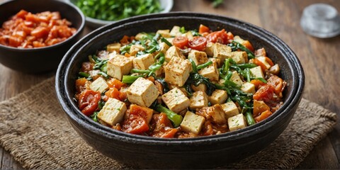 black ceramic bowl filled dish tofu vegetables appears