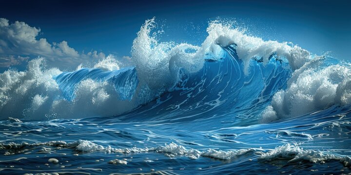 Majestic ocean waves under clear blue sky with dynamic clouds captured in natural scenic beauty, perfect for nature and seascape enthusiasts