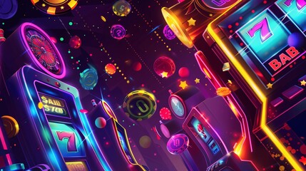 Slot machine wins the jackpot. 3d illustration. Copy space.