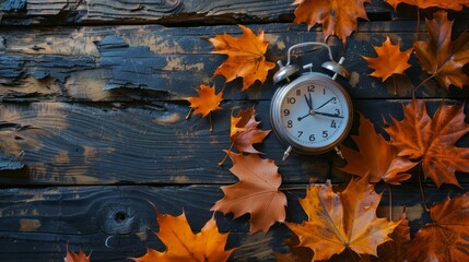 Daylight Saving Time. Alarm clock and orange color leaves on wooden table. Autumn time. Fall time change. Autumn leaves fall and winter approaches, the concept of daylight saving time. 