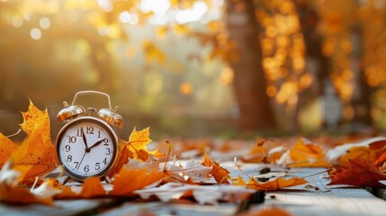 Daylight Saving Time. Alarm clock and orange color leaves on wooden table. Autumn time. Fall time change. Autumn leaves fall and winter approaches, the concept of daylight saving time. 