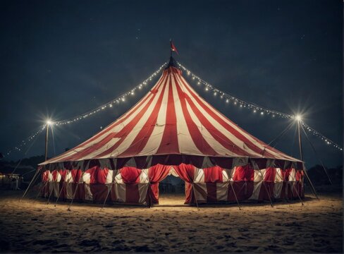 large circus tent night red white striped pointed