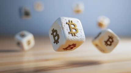 White Dice with Bitcoin Symbols Floating on Light Background