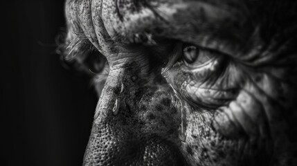 Sorrow tears on weathered face, black and white contrast, with copy space