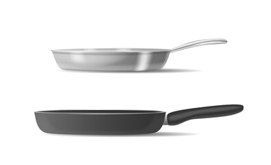 Realistic Teflon Frying Pan And Steel Frying Pan Isolated On White Background. 3d Vector Image Showcases The Materials