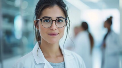 Obraz premium Portrait of a young female doctor in front of medical team.