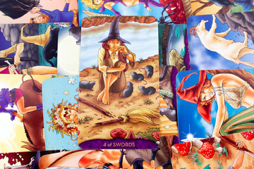 Tarot cards, Waite Rider tarot cards, the four of swords card in the foreground on a background of available deck cards
