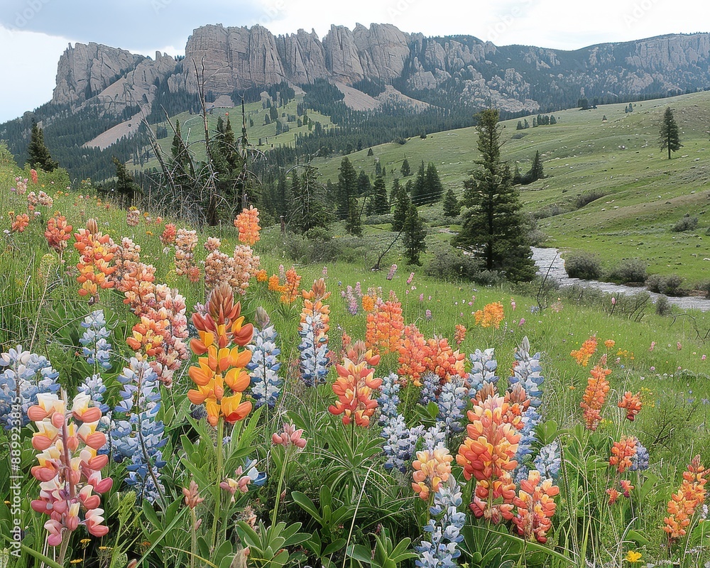 Poster Vibrant wildflower meadow in an alpine landscape with mountainous backdrop, mixed flora, and lush greenery under a partly cloudy sky