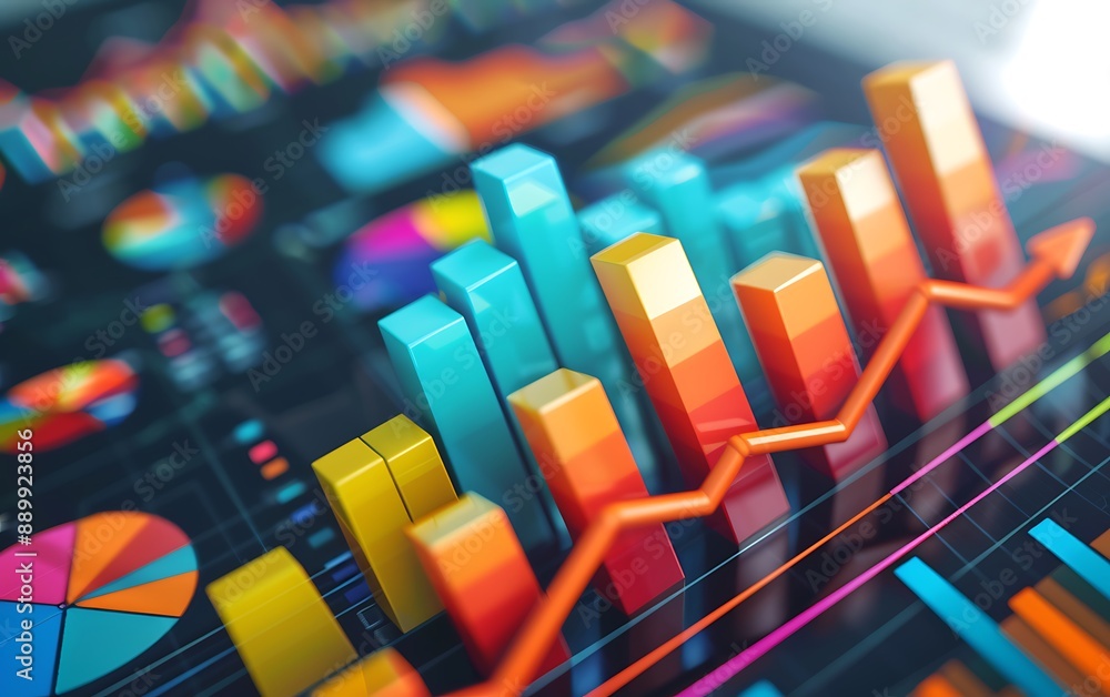 Poster colorful 3d bar chart graph with an upward trend