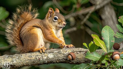 Close-Up Photography of a Red Squirrel Resting on a Tree Branch with Acorns in a Lush Green Natural Forest Setting
