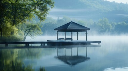 Obraz premium Tranquil lakeside yoga retreat with misty morning light, wellness photography, with copy space