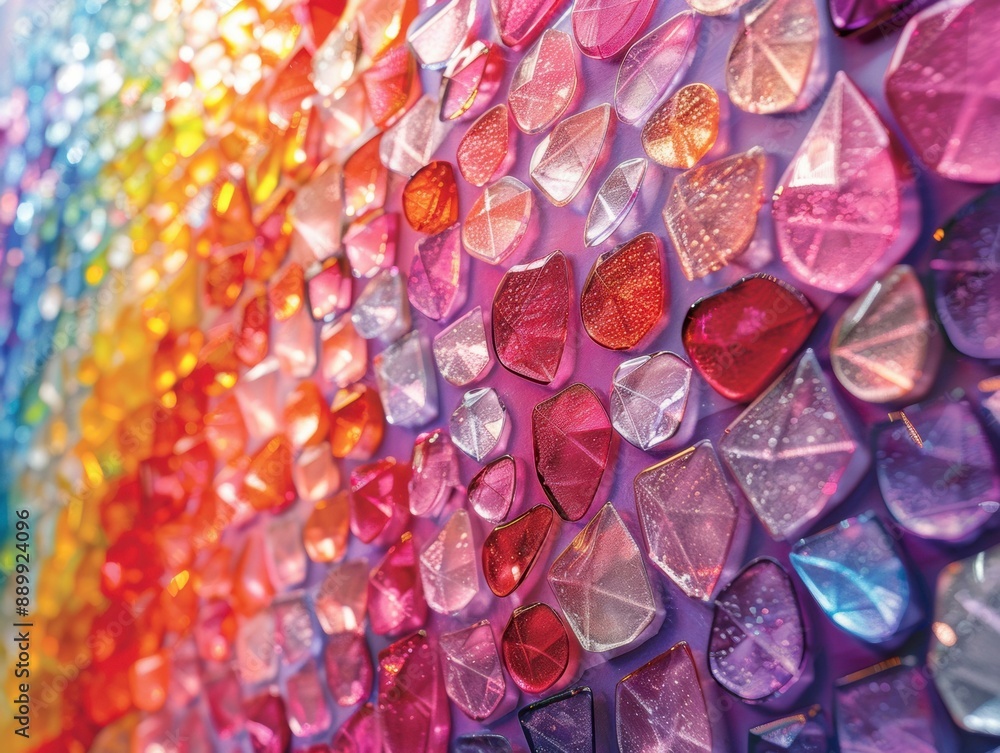 Poster Close-up of a rainbow-colored wall made of small glass gems. AI.