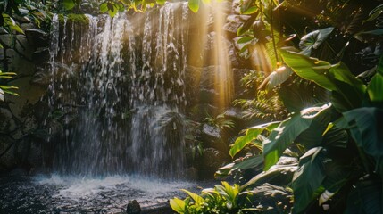 Fototapeta premium Tropical waterfall oasis with dappled sunlight through leaves, adventure photography, with copy space