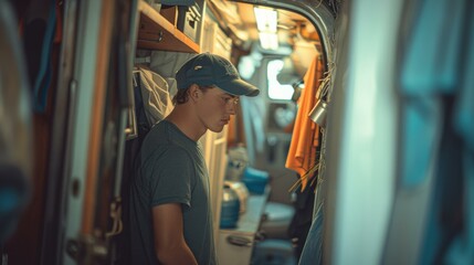 A young man wearing a blue hat looking at something. AI.