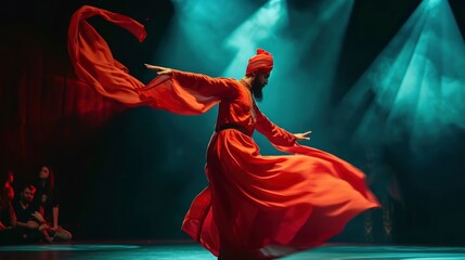 A Whirling Dervish in a red robe performs on stage with his flowing garment creating a beautiful visual display