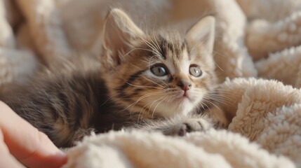 Fototapeta premium Tender Beginnings: Closeup of a Fluffy Kitten with Eyes Just Opening, Nestled on a Soft Blanket