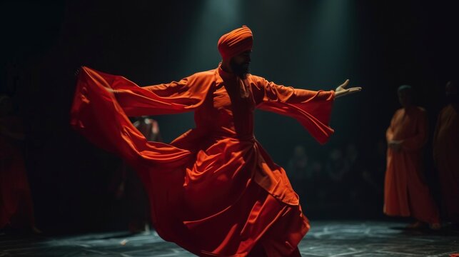 A man in a red robe, with a turban, performs a dervish dance on a stage.